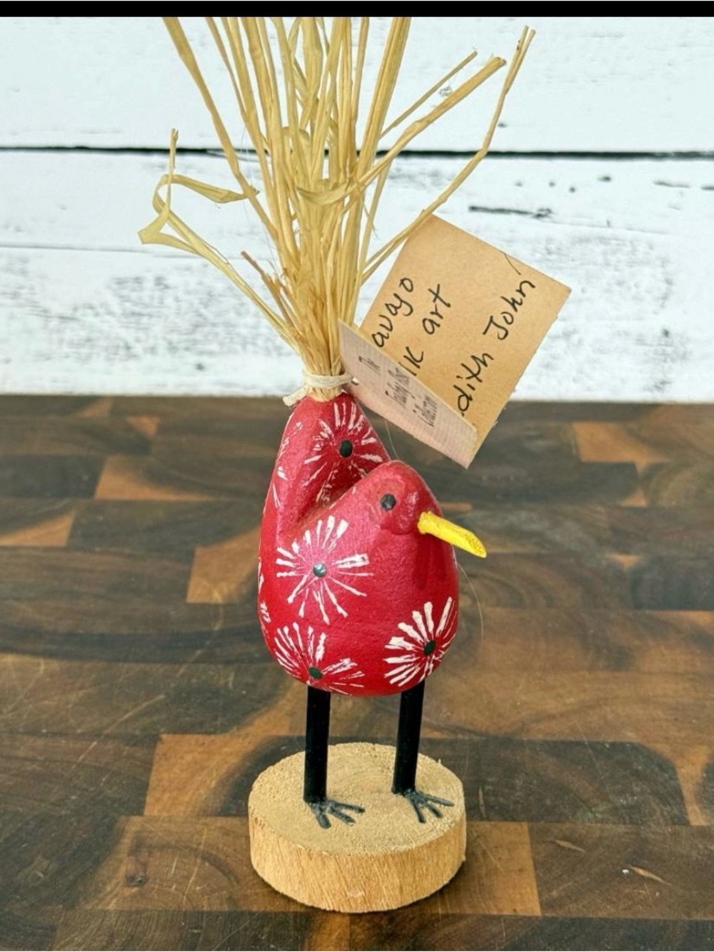 Navajo Folk Art Chicken Wood Carving Signed Edith John Native American 5" Red